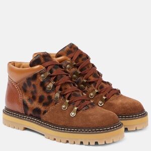 NWOB See By Chloe NIB Eileen Leather Hiking Boots 38/8 LEOPARD CALFHAIR Suede